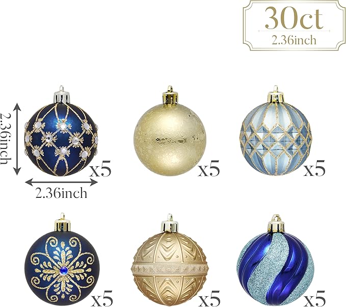 Valery Madelyn Christmas Ornaments Set, 30ct 2.36 Inches Blue and Gold Shatterproof Christmas Tree Decorations Ball Ornaments Bulk, Luxury Hanging Ornaments for Xmas Holiday Party Decor