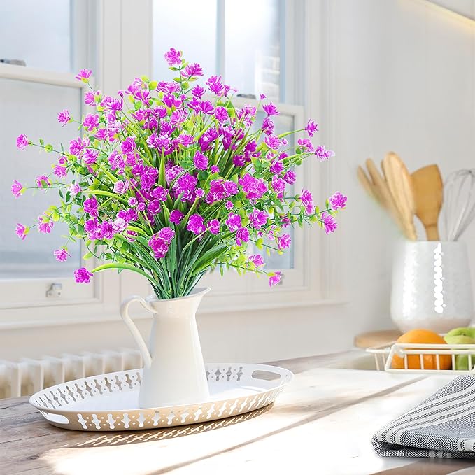 Sggvecsy Artificial Flowers for Outdoors 12 Bundles UV Resistant Boxwood Shrubs Artificial Eucalyptus Fake Plants Faux Plastic Greenery for Farmhouse Garden Home Indoor Outdoor Decoration（Magenta）