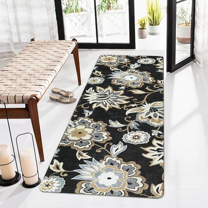 Lahome Floral Black Small Runner Rug - 2x4 Area Rug Non-Slip Low-Pile Washble Entryway Runner Rug Throw Stain Resistant Kitchen Rugs, Paisley Print Accent Carpet Runners for Bedroom Bathroom Laundry