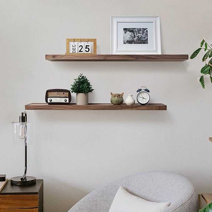 Axeman Walnut Floating Shelves for Wall 36 Inch - 36W x 6D Solid Walnut Wood Shelves Set of 2 - Natural Wooden Shelves for Room Wall Decor