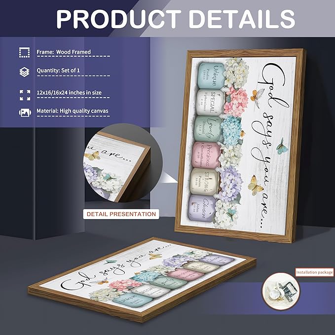 Wood Framed Inspirational Bible Verse Wall Art, Christian God Says You Are Wall Decor Paintings, Farmhouse Scripture Mason Jar Flower Pictures Posters Prints for Bathroom Bedroom Home Decor 12x16 Inch