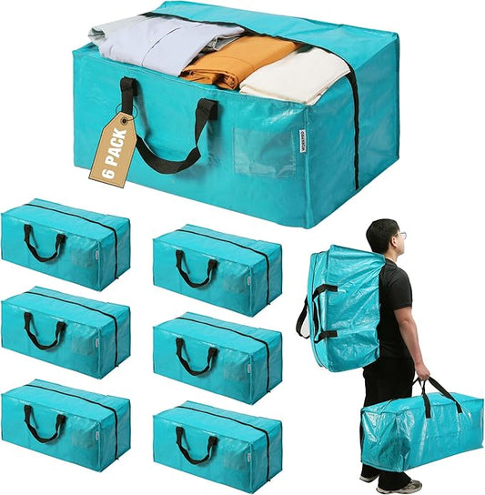 WORKPRO 6 Pack Extra Large Moving Bags with Zippers & Carrying Handles Backpack Straps, Heavy-Duty Storage Tote for Space Saving & Storage, Alternative to Moving Box (Blue)