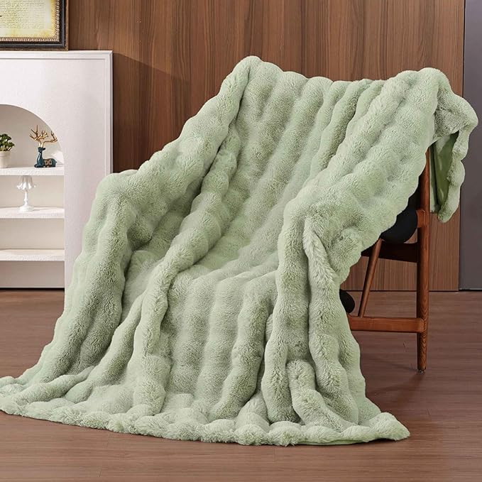 Sage Green Fluffy Fuzzy Bubble Throw Blanket 50x60 Faux Fur Furry Throw Blanket for Bedroom Sofa Couch Soft Cozy Thick
