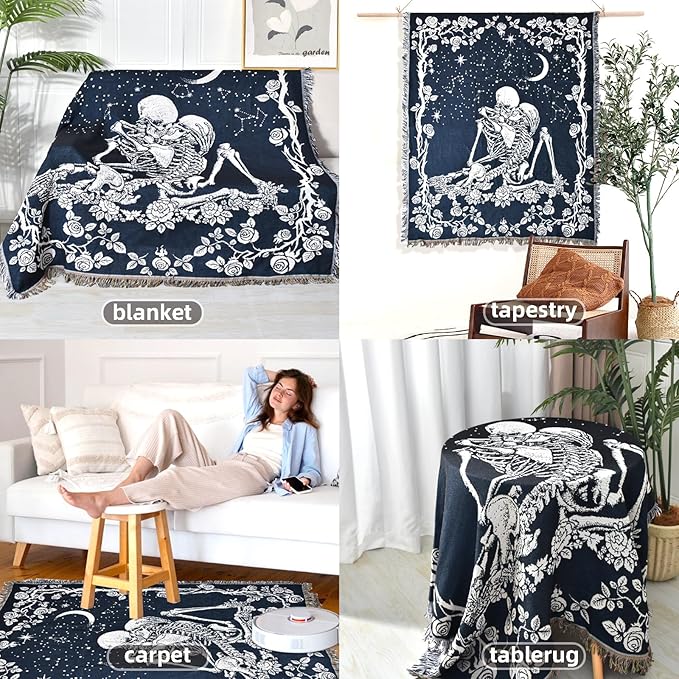 Boho Throw Blanket Reversible Cotton Bohemian Tapestry Hippie Room Decor Double Sided (Boho Skeleton Lover Moon Blue 50"x60")