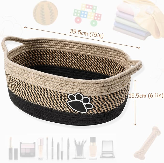 Small Woven Baskets for Organizing Rope Storage Basket with Handle Cute Cotton Nursery Gift Dog Toy Bins Organizer-Light Beige