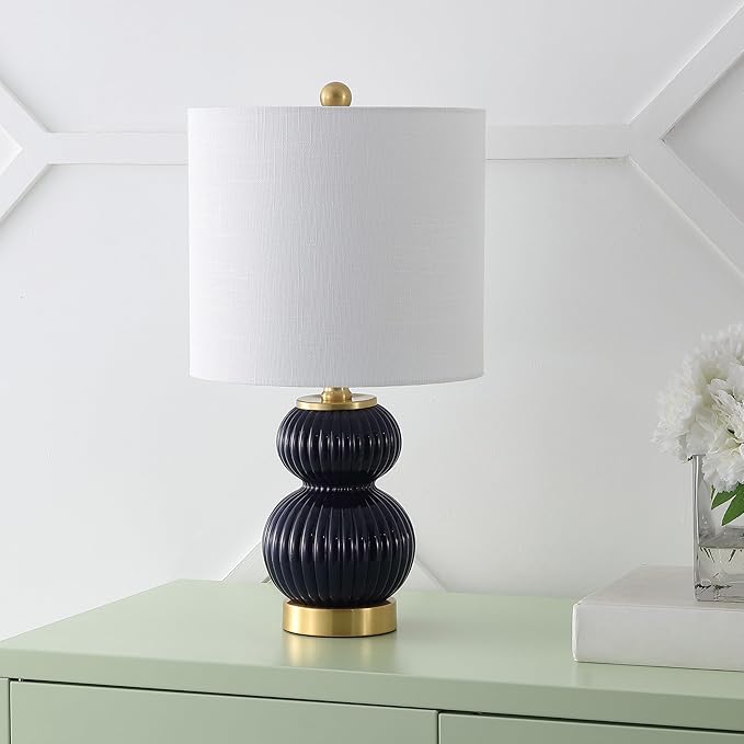 JONATHAN Y JYL1099D Daphne 20" Contemporary Transitional Metal/Glass Ribbed Gourd LED Table Lamp Bedroom, Living Room, Office, Dining Room, Navy/Brass Gold