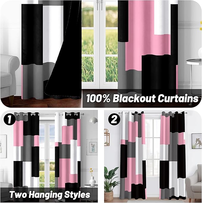 Pink 100% Blackout Curtains for Bedroom 72 inch Length 2 Panels Set Grey Modern Abstract Geometric Black Out Curtains Insulated Room Darkening Window Drapes for Living Room, 52Wx72L