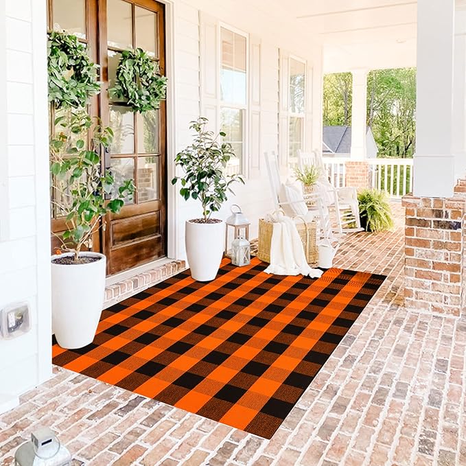 SEEKSEE Cotton Buffalo Plaid Rug 4'x6' Orange and Black Checked Rug Washable Doormats Indoor Outdoor Rugs for Layered Front Door Mats, Porch, Kitchen, Farmhouse, Entryway