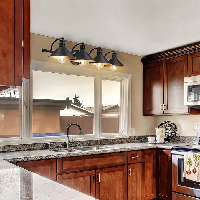 4 Light Bathroom Vanity Light Over Mirror - Black and Gold Farmhouse Wall Light for Bathroom Vanity Powder Room, Rustic Goose Neck Barn Style 4 Bulb Wall Sconce Over Kitchen Sink