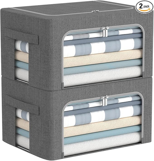 Clothes Storage Bins Box - Linen Fabric Foldable Stackable Container Organizer Set with Clear Window & Carry Handles & Metal Frame - 2Pack Large Capacity for Bedding, Blankets, Books