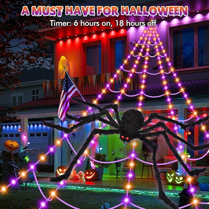 Halloween Decorations Spider Web: Halloween Spider Web Light 250 Purple & Orange LED Lights 59" Giant Spiders Scary Halloweens Decorations Outdoor Indoor for Party Garden Yard Home Haunted House Decor