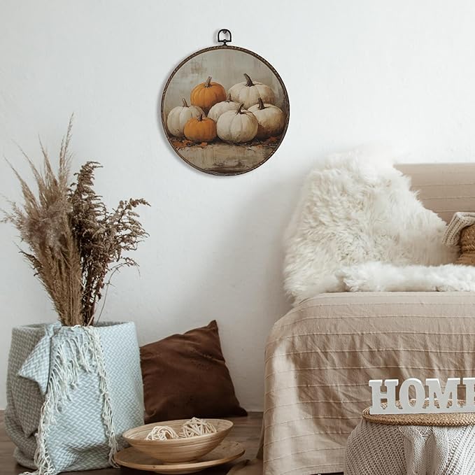 XNXLDYLH Rustic Fall Pumpkin Round Framed Wall Art Decor, Vintage Farmhouse Hanging Wall Decor Decorations, Autumn Fall Canvas Prints Wall Art Pictures Paintings for Bedroom Living Room, 10x10 Inch