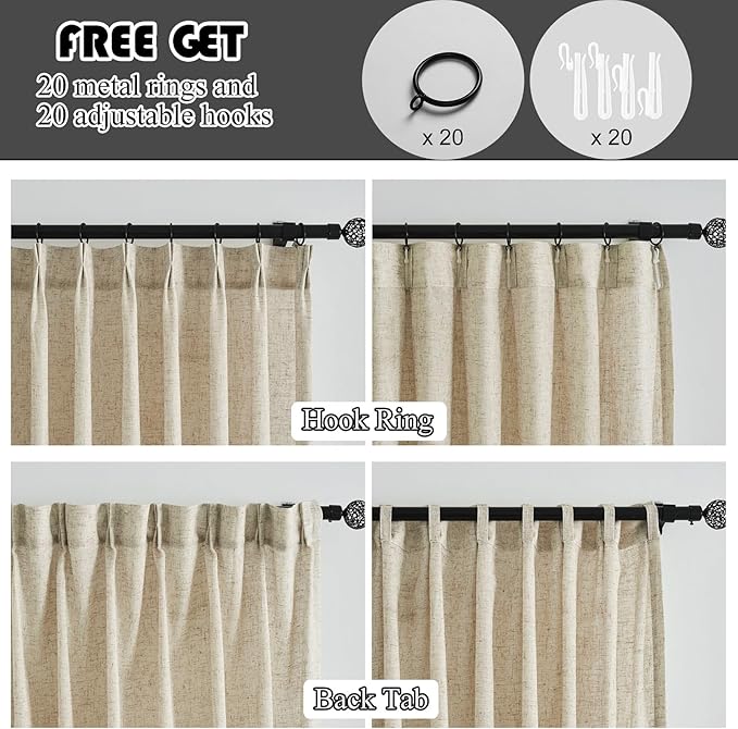 Burlap Pinch Pleated Linen Semi Sheer Curtains 102 Inch Long, 50 Inches Width, Neutral Flax Light Filtering Drapes, Beige Retro Window Treatments, Rustic Farmhouse Floor to Ceiling Curtain