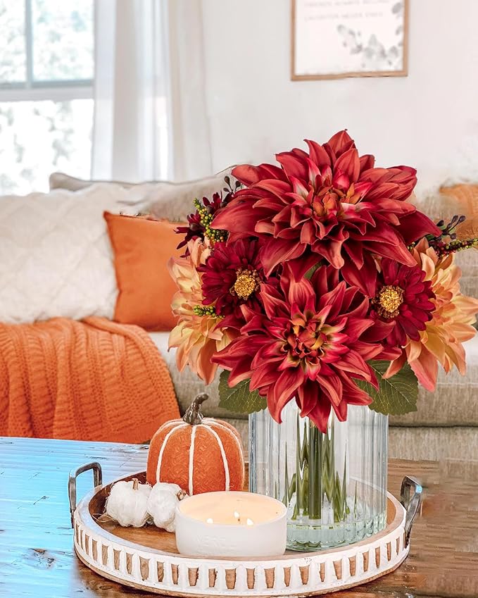 Briful Fake Fall Flowers with Vase, Artificial Fall Dahlia & Mum Silk Floral Arrangement with Glass Vase Faux Autumn Flowers Bouquet for Home Office Room Coffee Table Centerpiece Wedding Decoration