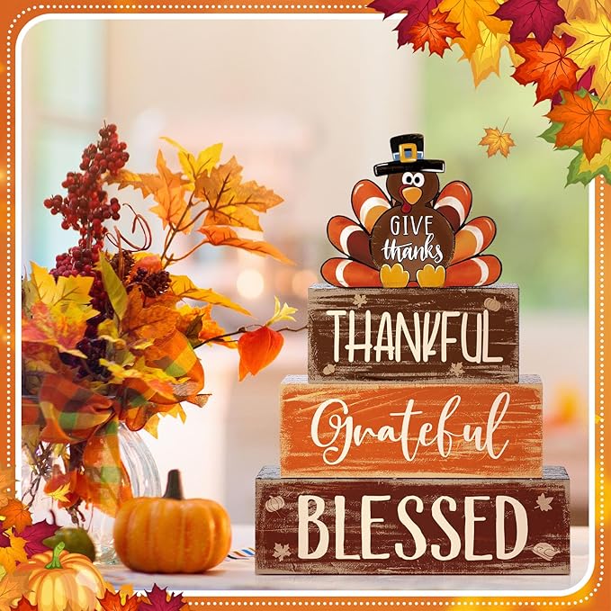 4 Pcs Fall Thanksgiving Decor for Home Funny Turkey Wooden Signs with Hat Thanksgiving Fall Tiered Tray Decor Turkey Tabletop Centerpiece Thankful Block Signs for Office Kitchen Shelf
