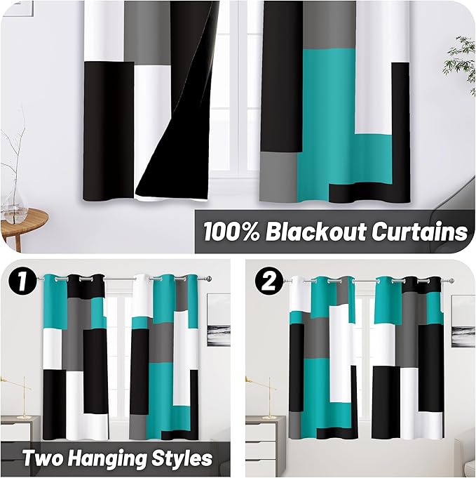 Teal/Turquoise 100% Blackout Curtains 45 inch Length 2 Panels Set Black White Grey Modern Abstract Geometric Drapes for Kitchen Curtains Insulated Room Darkening Small Window Curtains, 42Wx45L