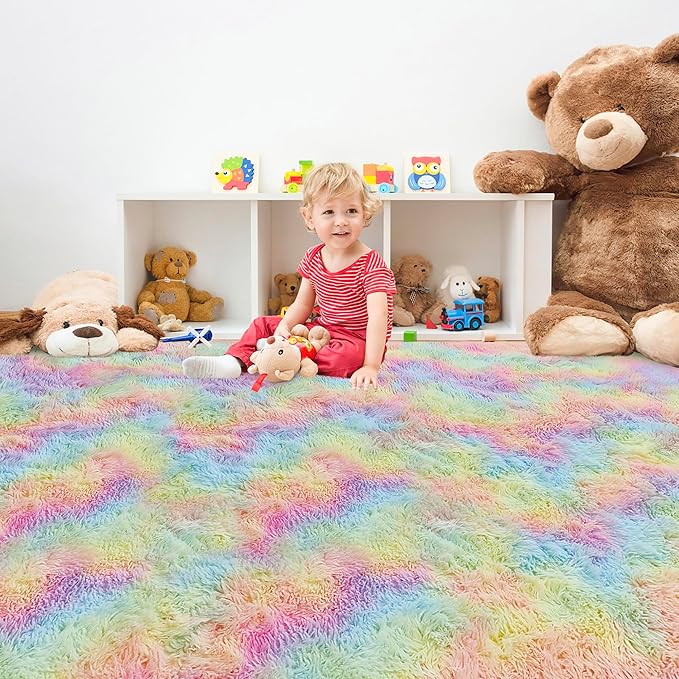 Fluffy Rainbow Colorful Area Rug for Living Room 6x9 Kawaii Tie Dye Rug Fuzzy Indoor Floor Unicorn Rug for Bedroom Girls Kids Nursery Baby Princess Room Dorm Home Decor Aesthetic Carpets