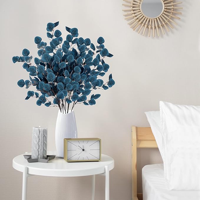 Sggvecsy 6 Pcs Eucalyptus Leaves Artificial Eucalyptus Stems Long Silver Dollar Leaves Faux Leaf Branches Fake Silk Eucalyptus for Spring Summer Home Festival Thanksgiving Christmas Decor (Blue)