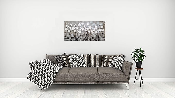 Yihui Arts Flower Canvas Wall Art Hand Painted Large 3D Grey and White Painting Modern Abstract Aesthetic Pictures Artwork for Living Room Bedroom Kithchen Decoration