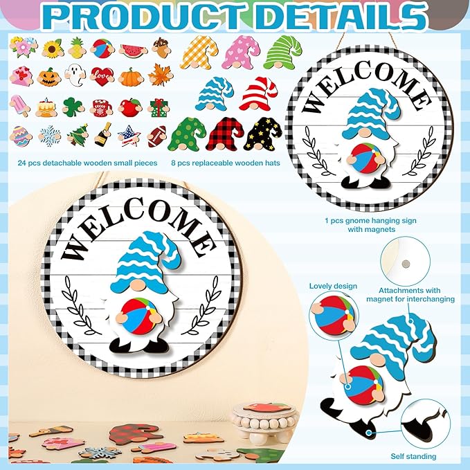 Qunclay Interchangeable Wooden Gnome Decor Holiday Seasonal Gnome Decorations with Magnet Pieces and Detachable Hats Changeable Welcome Sign for Home(Vivid Style)