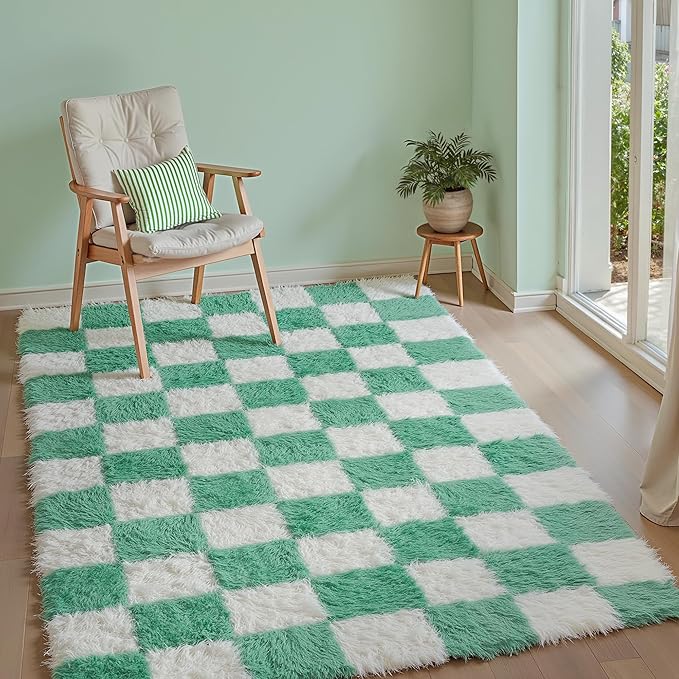 Checkered Rug 4x6 for Living Room, Green and White Modern Shag Rug Super Soft Washable Fluffy Rugs Indoor Fuzzy Carpet for Bedroom Home Dorm Aesthetic Decor