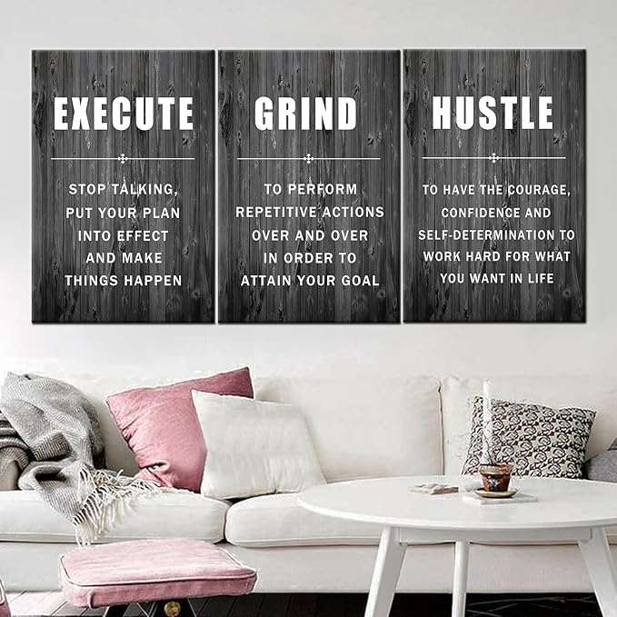 Inspirational Wall Art Execute Grind Hustle Motivational Poster 3 Pieces Canvas Prints Artwork for Living Room Modern Home Decor Painting Pictures Stretched and Framed Ready to Hang [72''Wx 36''H]
