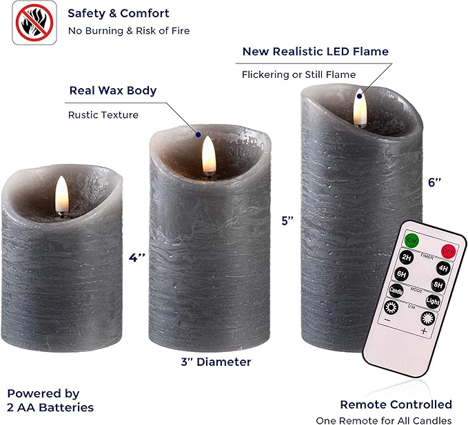 VENTA Grey Flameless Pillar Candles, Set of 3 | Real Wax Battery Operated LED Candles with Remote & Timer | Perfect for Modern Farmhouse, Industrial & Minimalist Decor