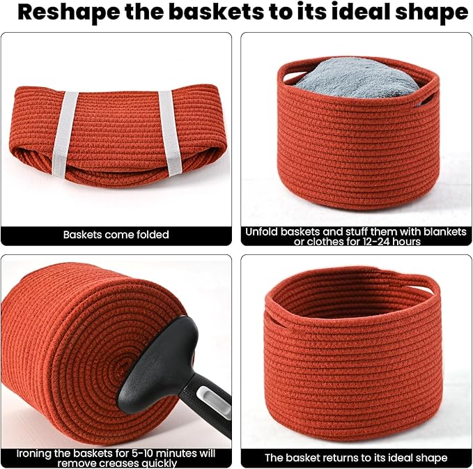 Small Storage Baskets for Organizing, Organizer Bins for Shelves, Small Woven Baskets for Storage, Red Baskets for Gifts, Organization Bins, Baskets for Decor, 9.7"×9.7"×7" (3 Packs) Brick Red