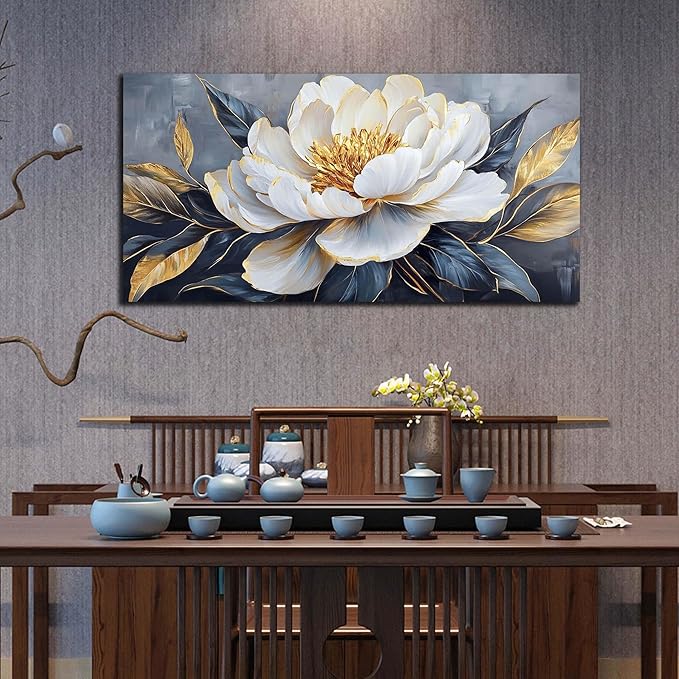 AOZEMI White Flowers Wall Art for Living Room Floral Beautiful Picture Gold Canvas Art Nature Wall Decor Bedroom 24"x 48"