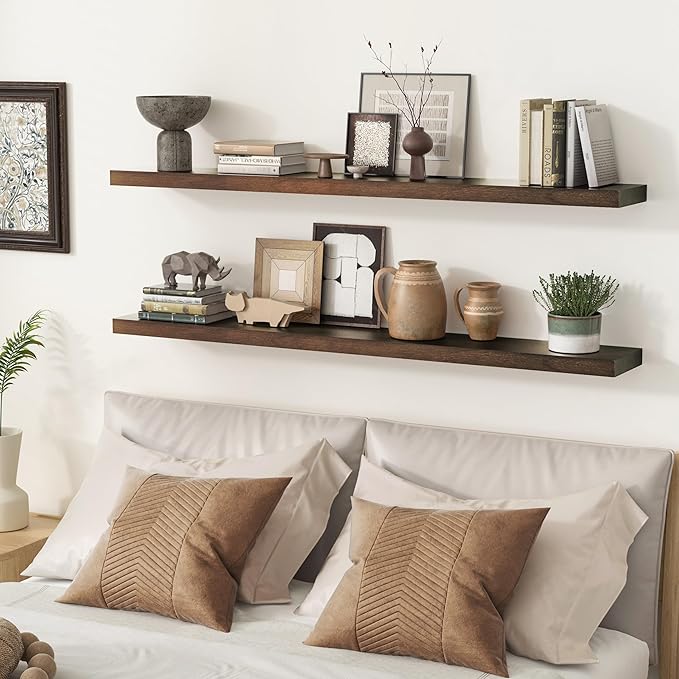 Rustic Floating Shelves, 48 Inch Floating Shelf Set of 2, Solid Wood Wall Mounted Shelves Dark Wood Shelves for Bedroom Bathroom Living Room - Dark Walnut