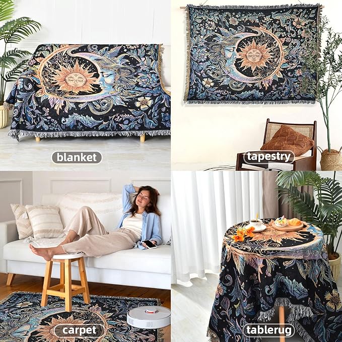 Boho Throw Blanket Reversible Cotton Bohemian Tapestry Hippie Room Decor Outdoor Blanket Double Sided (Boho Sun Black 50"x60")
