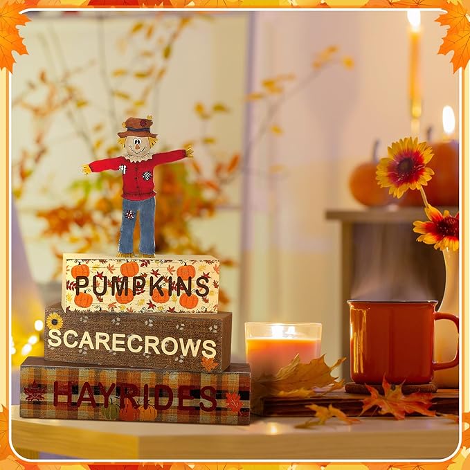Geelin 4 Pcs Fall Scarecrow Table Centerpieces Thanksgiving Table Decorations Pumpkin Scarecrow Tiered Tray Decor Autumn Wooden Block Signs for Autumn Thanksgiving Office Kitchen Shelf