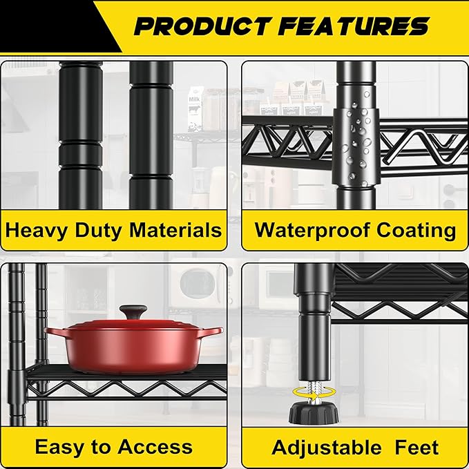 GIOTORENT 6-Wire Garage Shelving Storage Shelves, Metal Shelf Organizer 2100Lbs Capacity, Kitchen Storage Adjustable Shelf for Laundry Bathroom Pantry Closet, Black 36.2''W x 14''D x 72.4''H