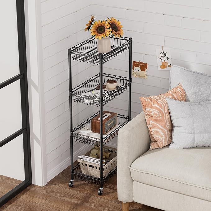 4 Tier Shelf Wire Shelving Unit Adjustable Storage Shelves Big Basket Rack Standing Units for Kitchen Closet Laundry Bathroom Organizers Metal Pantry Mesh 10" D x 16" W x 55" H Black