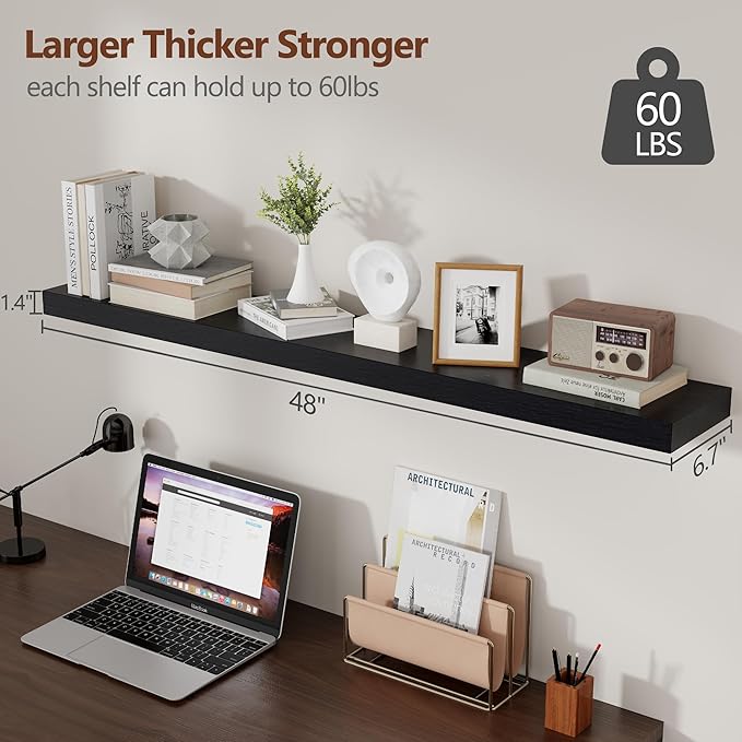 Black Floating Shelves 48 Inch, Solid Wood Wall Mounted Shelves Set of 2, Extra Long Modern Floating Shelves for Wall Decor & Storage, Shelves for Bathroom Bedroom Kitchen Living Room - Black