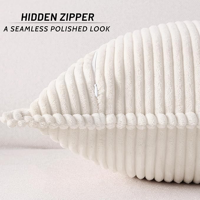 Mecatny Corduroy Throw Pillow Covers 12x20 Set of 2, Neutral Decorative Soft Boho Lumbar Couch Pillow Covers with Broadside for Sofa Living Room, Cream White