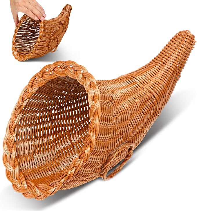 Dandat 1 Pcs Fall Cornucopia Basket 13.78 Inch Thanksgiving Horn of Plenty Autumn Table Decoration Harvest Cornucopia for Thanksgiving Table Centerpieces Fall Party Decorations