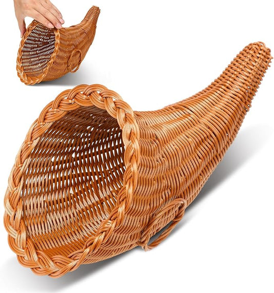 Dandat 1 Pcs Fall Cornucopia Basket 13.78 Inch Thanksgiving Horn of Plenty Autumn Table Decoration Harvest Cornucopia for Thanksgiving Table Centerpieces Fall Party Decorations