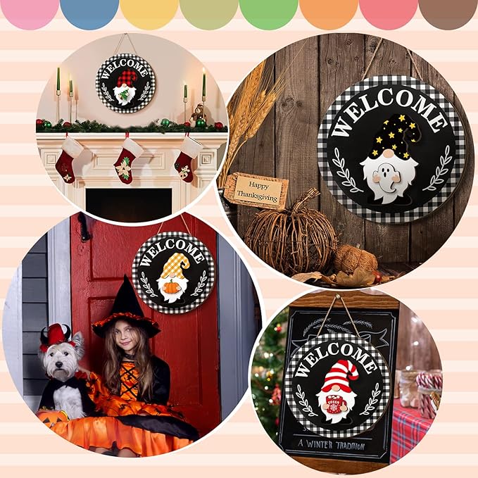 Qunclay Interchangeable Wooden Gnome Decor Holiday Seasonal Gnome Decorations with Magnet Pieces and Detachable Hats Changeable Welcome Sign for Home(Stylish)