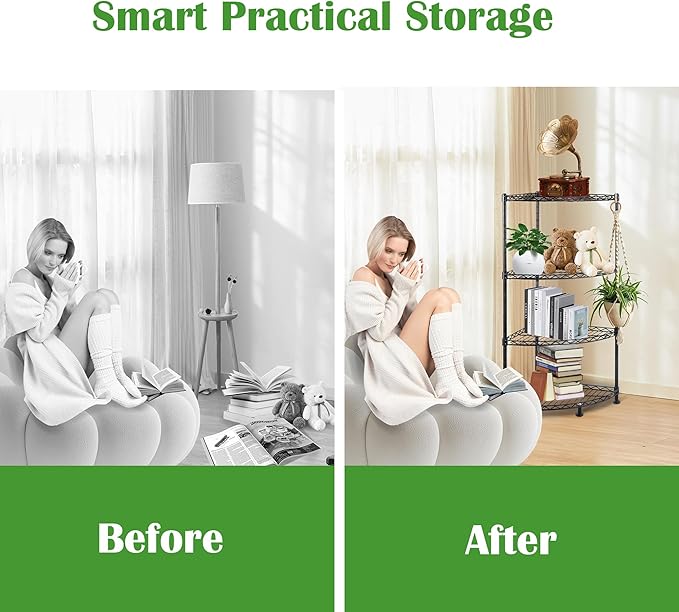 4-Shelf Carbon Steel Corner Storage Shelves with Adjustable Sturdy Wire Shelving Unit, Bookshelf Display Racks Organizer for Bedroom Living Room Kitchen Garage Pantry Closet (Max Load 120kg/265lbs)