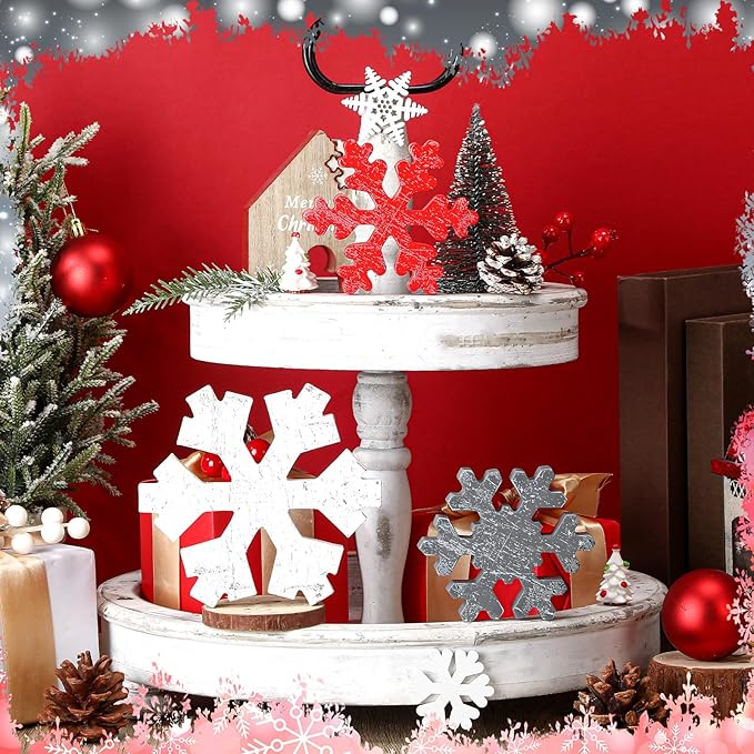 Bucherry 3 Pcs Winter Wooden Snowflake Decor Rustic Winter Snowflake Table Signs Wonderland Wood Blocks Farmhouse Christmas Tiered Tray Decorations for Xmas Table Shelf(Gray, Red, White)