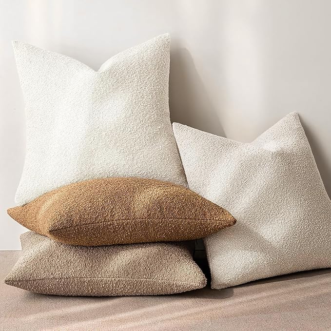 MIULEE 26x26 Decorative Euro Sham Throw Pillows for Bed Set of 2 Textured Boucle Neutral Throw Pillow Covers Natural Beige Accent Solid Vintage Pillowcase Cozy Soft Sofa Livingroom Home Decor