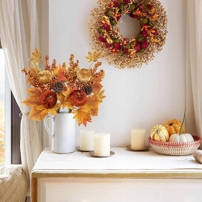 Briful 2Pack 16in Fall Picks and Sprays with Velvet Pumpkins Pinecones Berries Maple Leaves Artificial Fall Floral Branches Stems for Vases Autumn Table Centerpieces Seasonal Home Decor