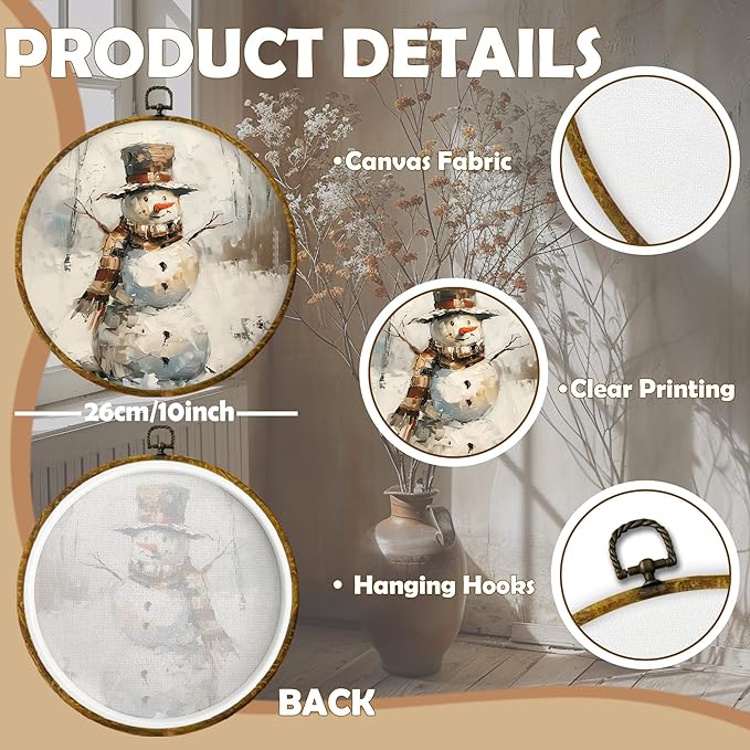 CUANFDDSF Vintage Winter Christmas Snowman Round Wall Art Decor, Cozy Winter Rustic Snowman Wall Hanging Frame Decor, Retro Christmas Canvas Prints Decorations for Home Bedroom Living Room, 10x10 Inch