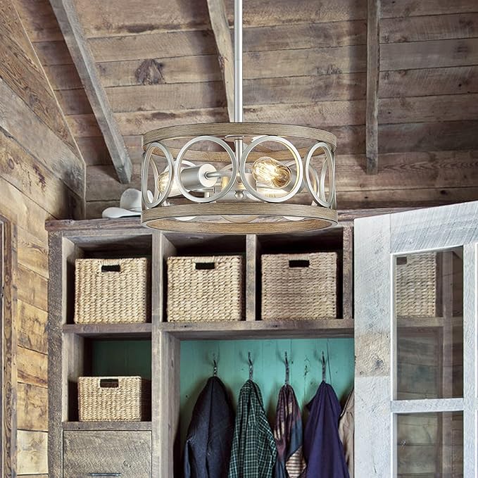 XINGQI 13" Rustic Drum Pendant Lighting Fixture Modern Chandelier 3-Light Height Adjustable Ceiling Lamp for Dining Room Kitchen Island Living Room Bedroom Foyer Hallway, Brushed Nickel