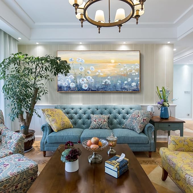 Blue Ocean Sunset Framed Wall Art Abstract Coastal Wild Flowers Beach Picture Sunrise With Yellow Orange Sky Natural Seascape Canvas Print White Wildflowers Sea Landscape Seaside Artwork 30x60inch