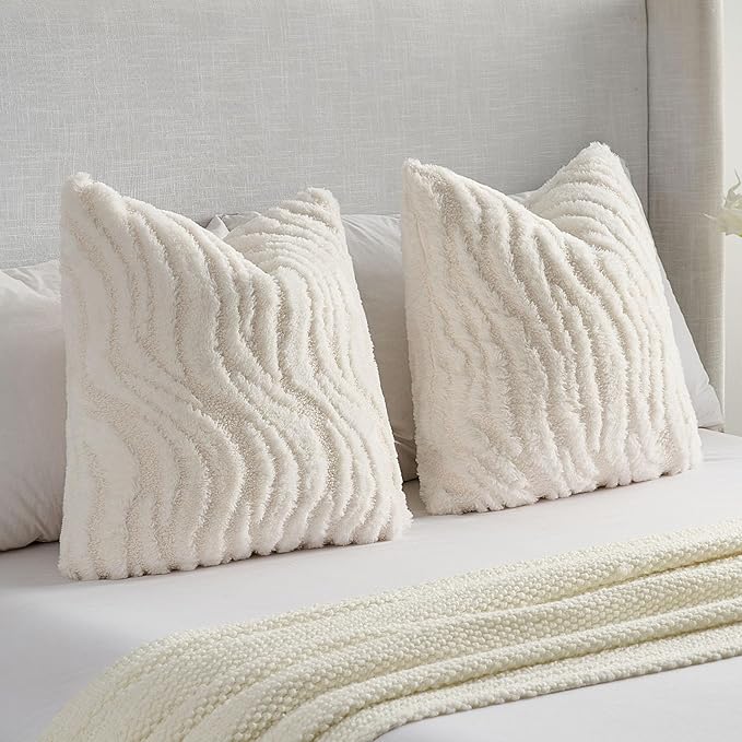 FUTEI White Decorative Throw Pillow Covers 26x26 Inch Set of 2,Soft Faux Fur Geometric Shapes Texture Euro Pillow Shams,Boho Home Decor for Couch Bed Living Room