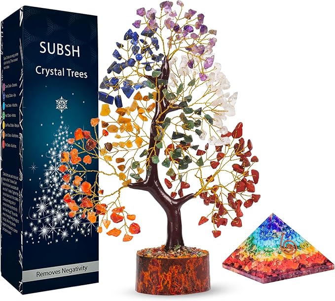 Seven Chakra Gemstone Tree With Seven Chakra Orgone Pyramid, Crystal Tree, Fake Plants Home Decor, Crystals, Birthday Gifts for Women, Office Desk Accessories, Crystals and Healing Stones, Gift 10-12"