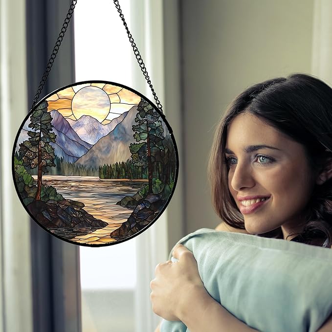 Stained Glass Window Hanging, Sunset Mountains Lake Tree Sun Catcher for Window Home Decor Landscape Suncatcher Mother's Day Birthday Gifts for Women Men Mom and Nana 11.8 in