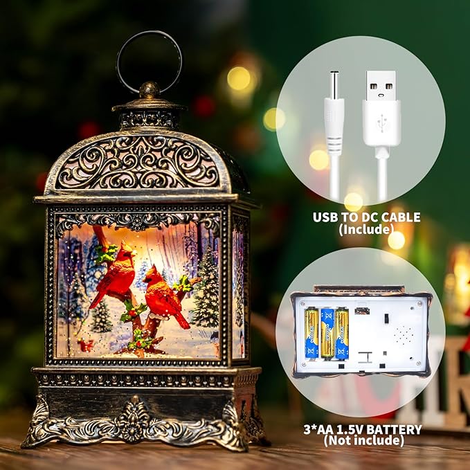 Christmas Snow Globe Lighted Cardinal Scene, Musical Snow Water Lantern Swirling Glittering Holiday Decoration and Gift for Family Children or Friends